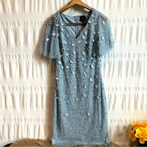 Adrianna Papell sequin beaded flutter sleeve dress, blue, NWOT